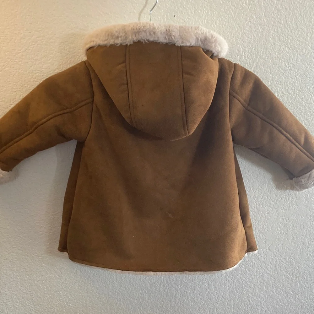 Mango Brown faux suede & fur Sherpa Kids 2-3 hooded Pea Coat pockets NWOT
